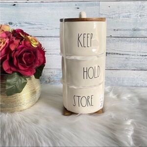 Rae Dunn HOLD STORE KEEP Set of 3 Ceramic Storage Containers with Wooden Lid